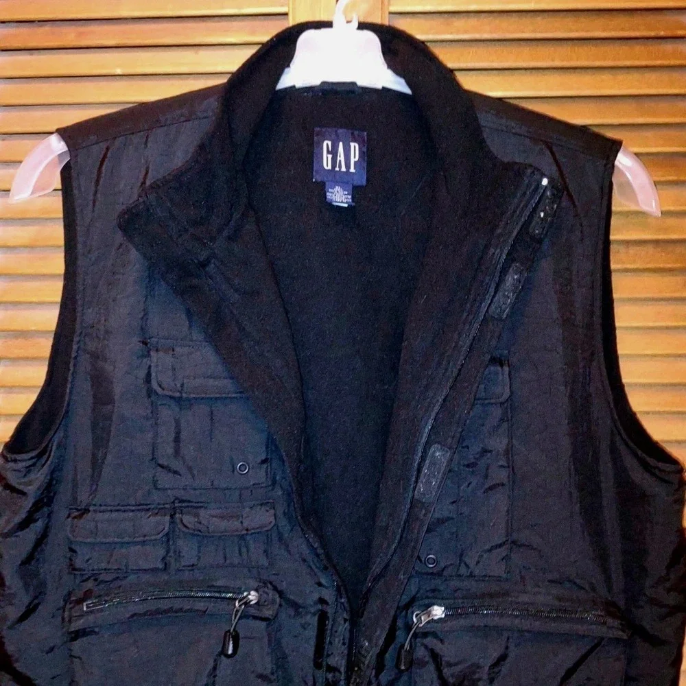90s‎ Vintage Gap Vest Mens XL Black Utility Multi Pocket Fleece Lined Gorpcore